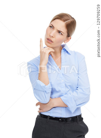 Business woman, thinking and confused about question while isolated on a white background. Face of a female entrepreneur in studio to think about solution, idea or choice for mockup advertising Business woman, thinking and confused about question while isolated on a white background. Face of a female entrepreneur in studio to think about solution, idea or choice for mockup advertising 129709259