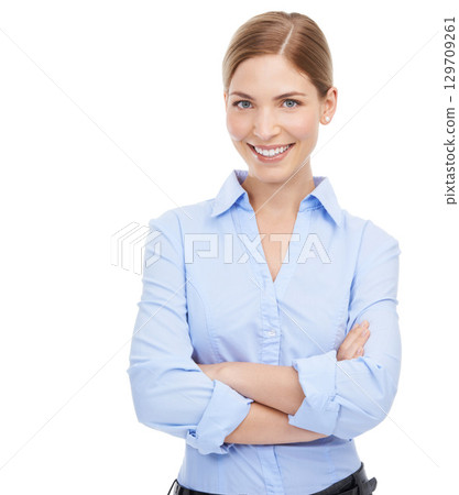 Portrait, face and business woman with arms crossed in studio on white background mockup. Leadership, boss and smile of happy, confident or proud female ceo from Canada with vision or success mindset Portrait, face and business woman with arms crossed in studio on white background mockup. Leadership, boss and smile of happy, confident or proud female ceo from Canada with vision or success mindset 129709261