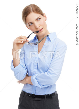 Thinking, glasses and a business woman in studio on a white background with a future focus mindset. Vision, idea and spectacles with a female employee holding an eyewear frame while contemplating 129709278