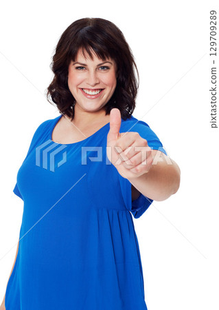 Portrait, woman and thumbs up for achievement, success and confident female isolated on white studio background. Mature lady, smile and hand for solidarity, positive reaction and support for decision 129709289