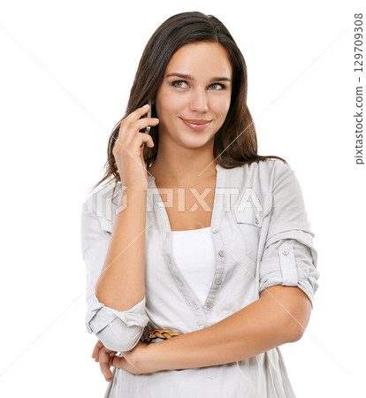 Woman, smile and phone call communication online, talking and conversation on mobile phone isolated in studio. Girl, happy and smartphone discussion and networking connection in white background 129709308