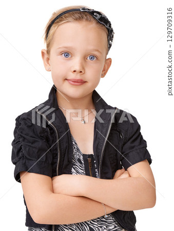 Arms crossed, confident and portrait of a girl with style on a white background in studio. Stylish, fashionable and child fashion model with pride, confidence and happiness on a studio background 129709316