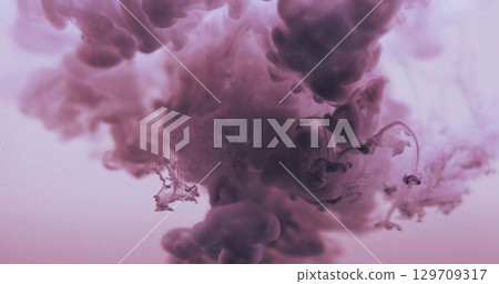 Pigment drop. Paint pour water. Color purple brown smoke flow in fluid. Spread cloud dye explosion wave abstract defocused background. 129709317