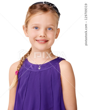 Happy, smile and portrait of a cute girl in a dress on a white background in studio. Fashion, stylish and headshot of a model in clothes for confidence, happiness and style on a studio background 129709319