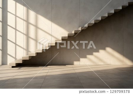 Staircase is shown in a room with a window in the background. 129709378