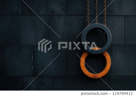 Two black and orange tires hanging from a chain on a brick wall 129709412