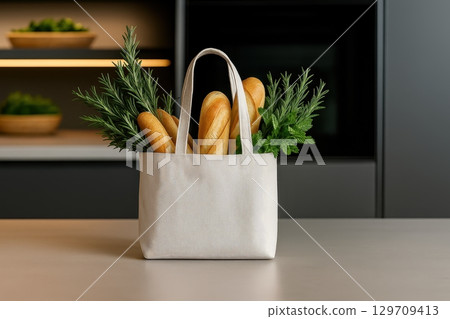 White bag with bread and herbs in it 129709413