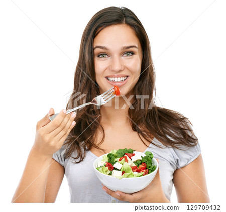Happy, woman and portrait with health salad for wellness nutrition and diet with cheerful smile. Beautiful dieting model excited for healthy food lifestyle on isolated white background. 129709432