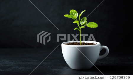 Small plant is growing in a white cup 129709509
