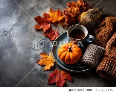 Pumpkin and a cup of coffee are on a plate with autumn leaves 129709530