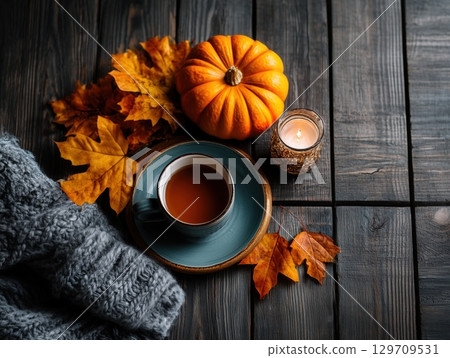 Wooden table with a blue plate of tea and a pumpkin on it 129709531