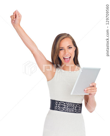 Success, celebration and business woman with tablet in studio isolated on a white background. Winner, touchscreen and face portrait of female celebrating goals, target or victory, lottery or winning. 129709560
