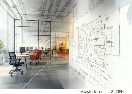 White board with drawings of a design room with a desk and chairs. Design office. 129709631