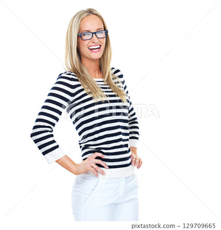Portrait, mockup and laugh with a model woman in studio isolated on a white background while standing hands on hips. Glasses, funny and mock up with a young female posing to promote blank space 129709665