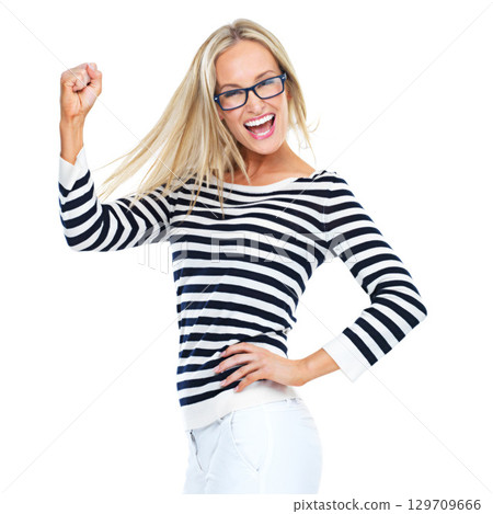 Woman, fist hand and studio portrait for smile, celebration and happiness by white background. Isolated model, glasses and hand sign for achievement, success or happy for goals, excited or motivation 129709666