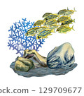 Underwater sea view of yellow striped tropical fish swimming near corals and rocks. Watercolor template for sea designs, educational materials, children's books, stickers, scrapbooking, textile 129709677