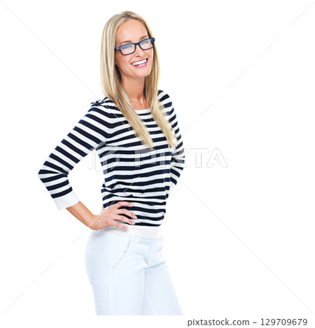 Portrait, mockup and fashion with a model woman in studio isolated on a white background while standing hands on hips. Glasses, style and mock up with a young female posing to promote blank space Portrait, mockup and fashion with a model woman in studio isolated on a white background while standing hands on hips. Glasses, style and mock up with a young female posing to promote blank space 129709679