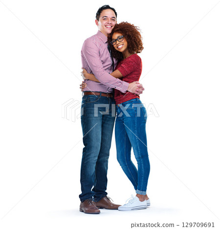 Happy couple, love and portrait of a hug, care and support while isolated on white background together. Interracial man and woman with free space for advertising happiness, marriage and partnership 129709691