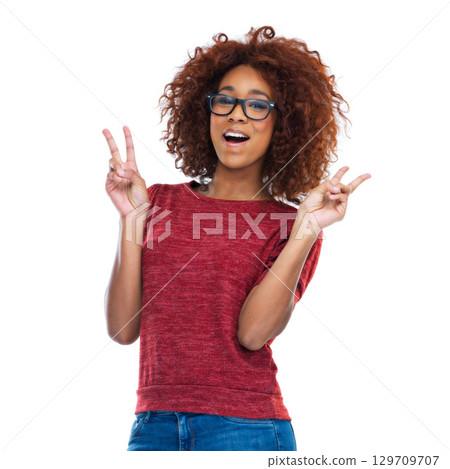 Portrait, peace and emoji with a model black woman excited in studio isolated on a white background. Social media, good news and hand sign with a female feeling surprised with a wow expression Portrait, peace and emoji with a model black woman excited in studio isolated on a white background. Social media, good news and hand sign with a female feeling surprised with a wow expression 129709707