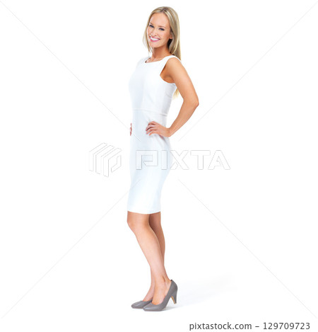 Fashion, beauty and portrait of businesswoman standing with smile and dress isolated on white background. Business ceo, leadership and confidence, happy woman boss or startup office manager in studio Fashion, beauty and portrait of businesswoman standing with smile and dress isolated on white background. Business ceo, leadership and confidence, happy woman boss or startup office manager in studio 129709723