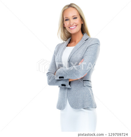 Business woman, proud and happy entrepreneur portrait with a smile and arms crossed isolated. White background, success and executive happiness of a model worker ready for work with mockup space Business woman, proud and happy entrepreneur portrait with a smile and arms crossed isolated. White background, success and executive happiness of a model worker ready for work with mockup space 129709724