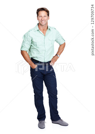 Happy businessman, portrait or hands on hips on isolated white background with marketing goals or advertising ideas. Smile, mature or worker with success mindset, about us or growth innovation mockup 129709734
