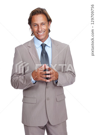 Business man, portrait and corporate leader with success and ceo, executive isolated against white background. Businessman hands together, manager and motivation with vision, goals and professional Business man, portrait and corporate leader with success and ceo, executive isolated against white background. Businessman hands together, manager and motivation with vision, goals and professional 129709756