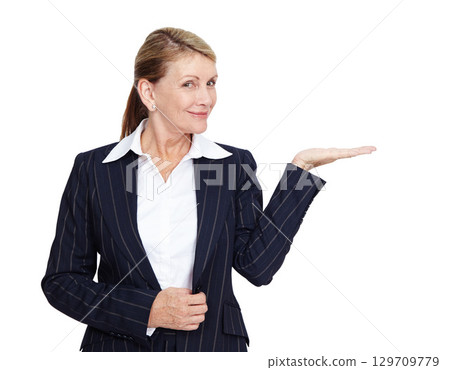 Business, woman with hand out for product placement and mockup space isolated on white background. Marketing, advertising and corporate product announcement or presentation, happy woman ceo in studio 129709779