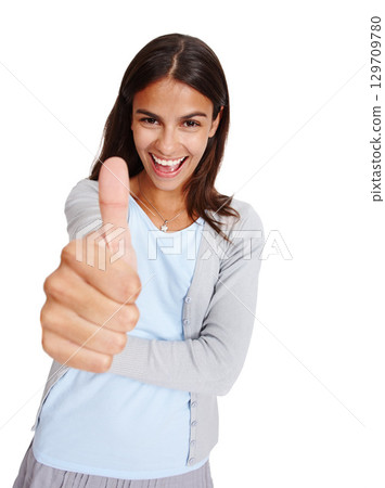 Thumbs up, hands and portrait of a woman happy about winning, success and thank you for support or vote. Happy female with yes or like emoji for deal, sale or discount isolated on a white background Thumbs up, hands and portrait of a woman happy about winning, success and thank you for support or vote. Happy female with yes or like emoji for deal, sale or discount isolated on a white background 129709780