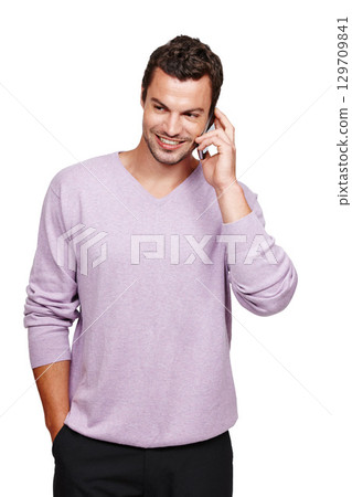Man, phone call and talking with smile in studio for online communication, mobile phone discussion and happy isolated in white background. Casual person, smartphone and happiness speaking on call 129709841