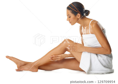 Legs, skincare and beauty woman in studio for self care, body wellness and cosmetics marketing mockup. Aesthetic, dermatology and sexy woman or pedicure model with hair removal advertising on mock up Legs, skincare and beauty woman in studio for self care, body wellness and cosmetics marketing mockup. Aesthetic, dermatology and sexy woman or pedicure model with hair removal advertising on mock up 129709954