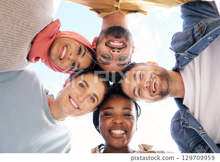 Diversity, portrait or happy students in huddle or educational community for future success together. Heads, team work or school friends on university or college campus with a group mission or vision Diversity, portrait or happy students in huddle or educational community for future success together. Heads, team work or school friends on university or college campus with a group mission or vision 129709959