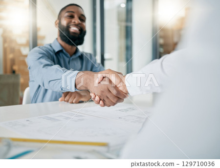 Black man, handshake and architecture with architect hiring, job interview and onboarding, office and blueprint plan. Human resources, recruitment and partnership with deal, contract and thank you 129710036