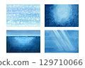 Set of seascapes of calm blue sea with waves, underwater part, blue soft sky. Watercolor background template for use in calming posters, meditation apps, invitations, screensavers, ocean decor 129710066