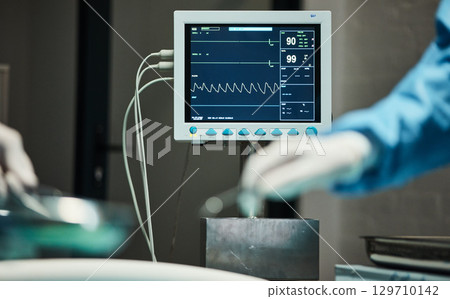 Electrocardiogram monitor, hands of doctors with scalpel for surgery, healthcare or medical support. Zoom, screen or nurse hand in theater for trust, insurance or surgeon in hospital operation room Electrocardiogram monitor, hands of doctors with scalpel for surgery, healthcare or medical support. Zoom, screen or nurse hand in theater for trust, insurance or surgeon in hospital operation room 129710142