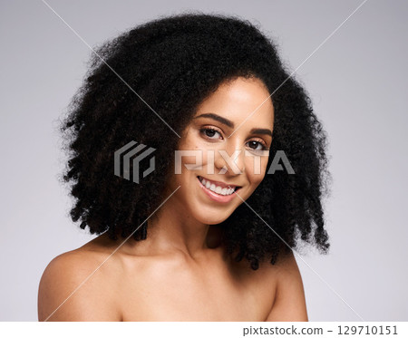 Wellness, beauty and portrait of black woman in studio for skincare, healthy skin and spa aesthetic. Dermatology, makeup and face of happy girl for cosmetics, beauty products and facial treatment Wellness, beauty and portrait of black woman in studio for skincare, healthy skin and spa aesthetic. Dermatology, makeup and face of happy girl for cosmetics, beauty products and facial treatment 129710151