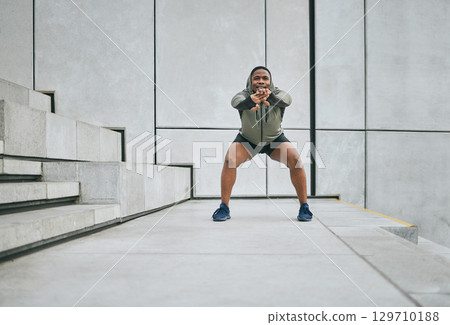 Fitness, exercise or man stretching body in training, exercise or workout with focus, resilience or commitment. Warm up, mindset or healthy sports athlete with goals or motivation on city stairs Fitness, exercise or man stretching body in training, exercise or workout with focus, resilience or commitment. Warm up, mindset or healthy sports athlete with goals or motivation on city stairs 129710188
