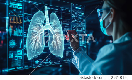 A doctor carefully examines a virtual lung x-ray projection with focused attention. The integration of advanced technology in medical diagnostics. Generative AI. 129710193