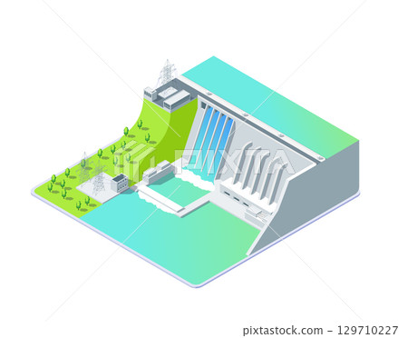 Cartoon Color Hydroelectric Power Station Object Industrial Energy Building Concept 3d Isometric View Isolated on a White. Vector illustration 129710227