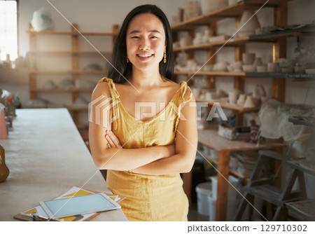 Asian woman, portrait and ceramic business art studio for product manufacturing, sculpture artist and creativity retail store. Pottery workshop, artistic woman success and creative artwork happiness 129710302