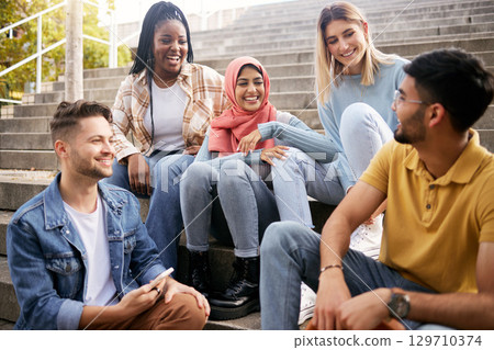 Relax, happy or students on steps at break talking or speaking of future goals or education. Diversity, school or funny friends in university laughing or bonding in conversation on college campus 129710374