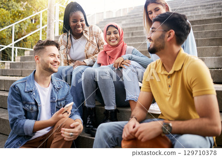 Relax, diversity or students on steps at break talking or speaking of goals, education or future plan. Group, school or happy friends in university or college bonding in a fun social conversation 129710378