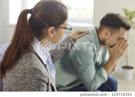 Support and help from psychologist for man with mental health problem, anxiety and depression Support and help from psychologist for man with mental health problem, anxiety and depression 129710393