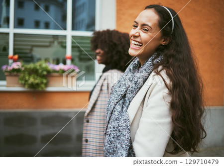 Fashion, friends and women walking in street enjoying holiday, vacation and adventure on weekend. Travel, friendship and happy girls smile for carefree lifestyle, freedom and relaxing in urban town 129710479