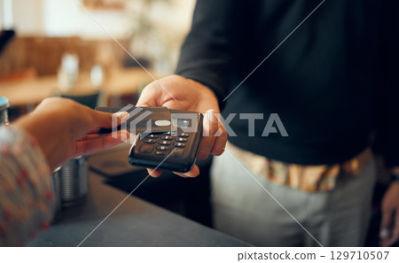 Credit card payment, pos and customer hands, store cashier or restaurant waiter with easy point of sale machine. Shopping, b2c commerce service or woman with financial fintech purchase at retail cafe Credit card payment, pos and customer hands, store cashier or restaurant waiter with easy point of sale machine. Shopping, b2c commerce service or woman with financial fintech purchase at retail cafe 129710507