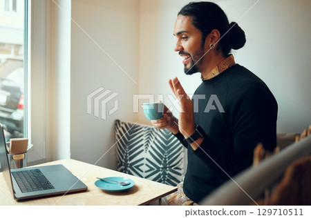 Laptop video call, communication and customer in cafe, coffee shop or restaurant for wifi, network connection or b2c service. Breakfast store conversation, talking online or profile of man wave hello Laptop video call, communication and customer in cafe, coffee shop or restaurant for wifi, network connection or b2c service. Breakfast store conversation, talking online or profile of man wave hello 129710511