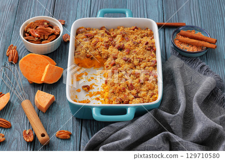 sweet potato casserole with pecan streusel topping 129710580