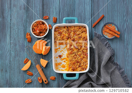 sweet potato casserole with pecan streusel topping 129710582
