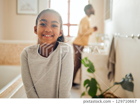 Family, wellness and portrait of girl in bathroom with dad for morning routine, hygiene and cleaning. Black family, smile and face of young child for grooming, healthy lifestyle and self care at home Family, wellness and portrait of girl in bathroom with dad for morning routine, hygiene and cleaning. Black family, smile and face of young child for grooming, healthy lifestyle and self care at home 129710667