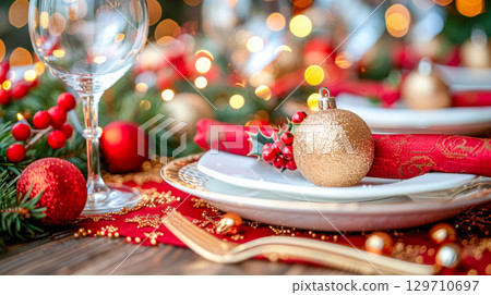 Festive holiday table setting with elegant decorations, sparkling lights, and seasonal ornaments 129710697